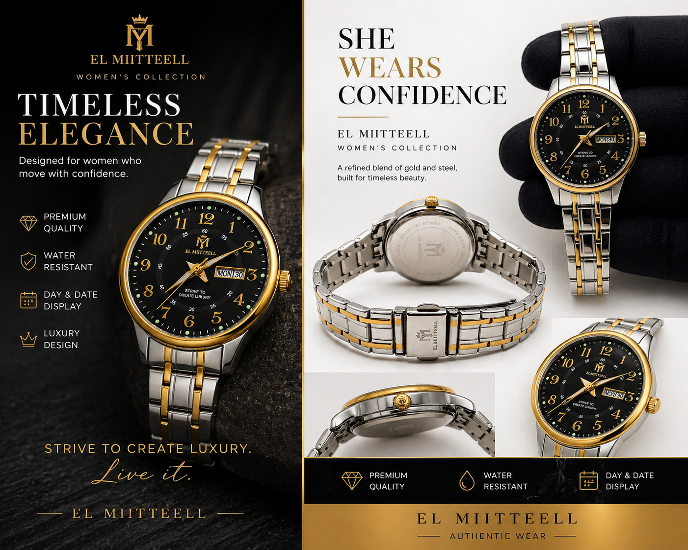EL MIITTEELL Women’s Classic Gold Watch – Luxury Steel Edition